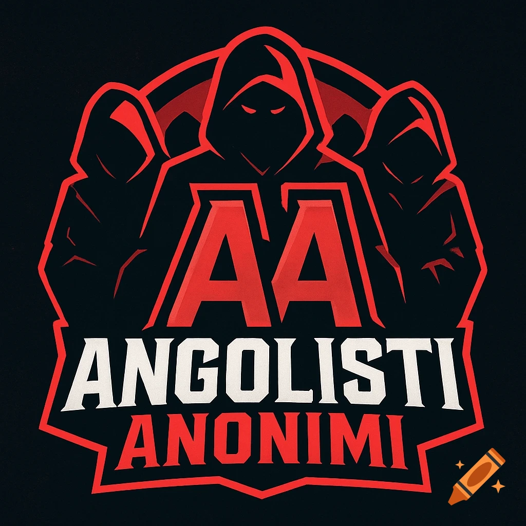 Red and black gaming logo featuring three hooded figures, large 'AA' text, and 'ANGOLISTI ANONIMI' text below.