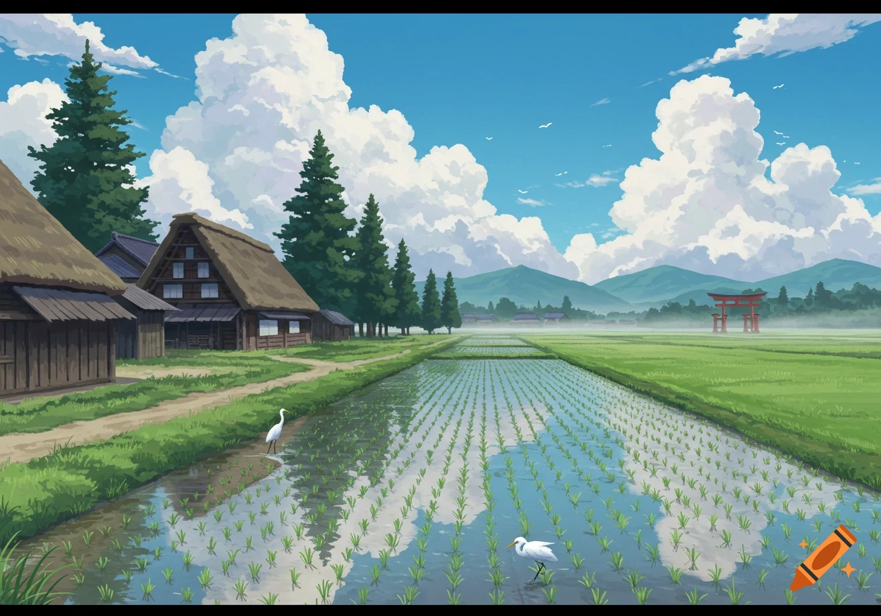 Anime rural Japanese landscape: rice paddies, traditional houses, egrets, pine trees, distant mountains, and a red torii gate.