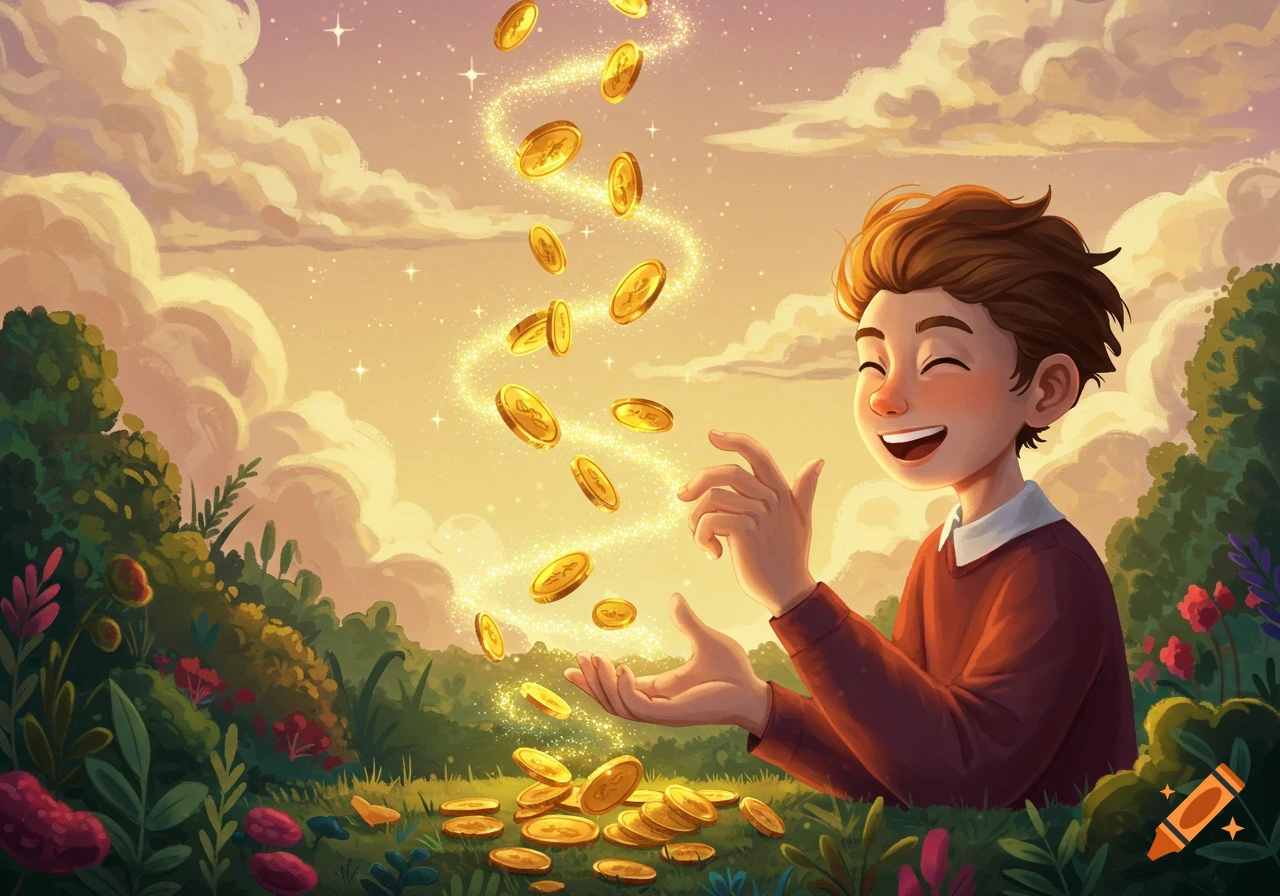 A happy boy in a whimsical illustration with golden coins and magical dust falling around him in a lush landscape.