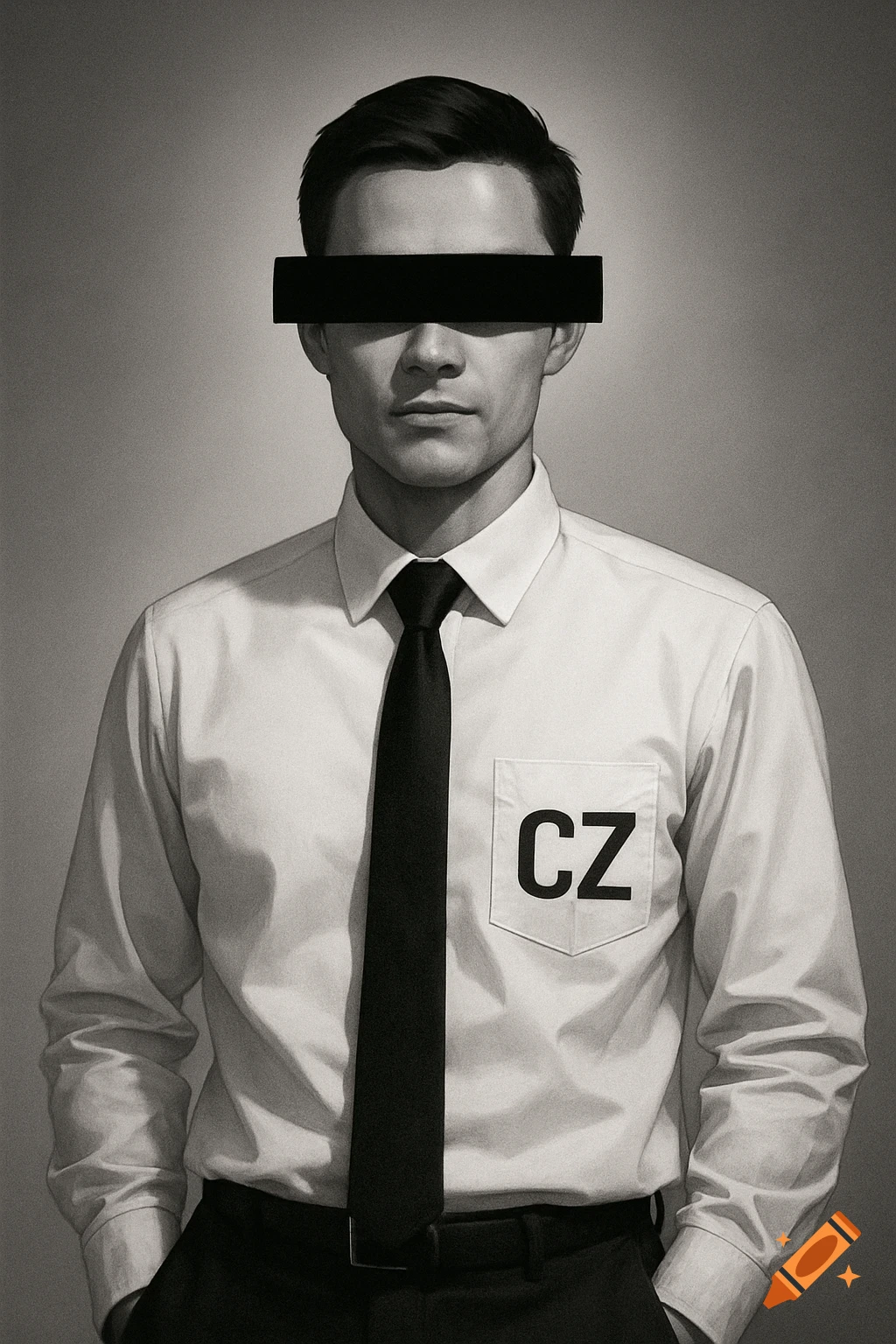 Photorealistic black and white portrait of a man in a white shirt and black tie with a black bar covering his eyes and 'CZ' on his shirt pocket.