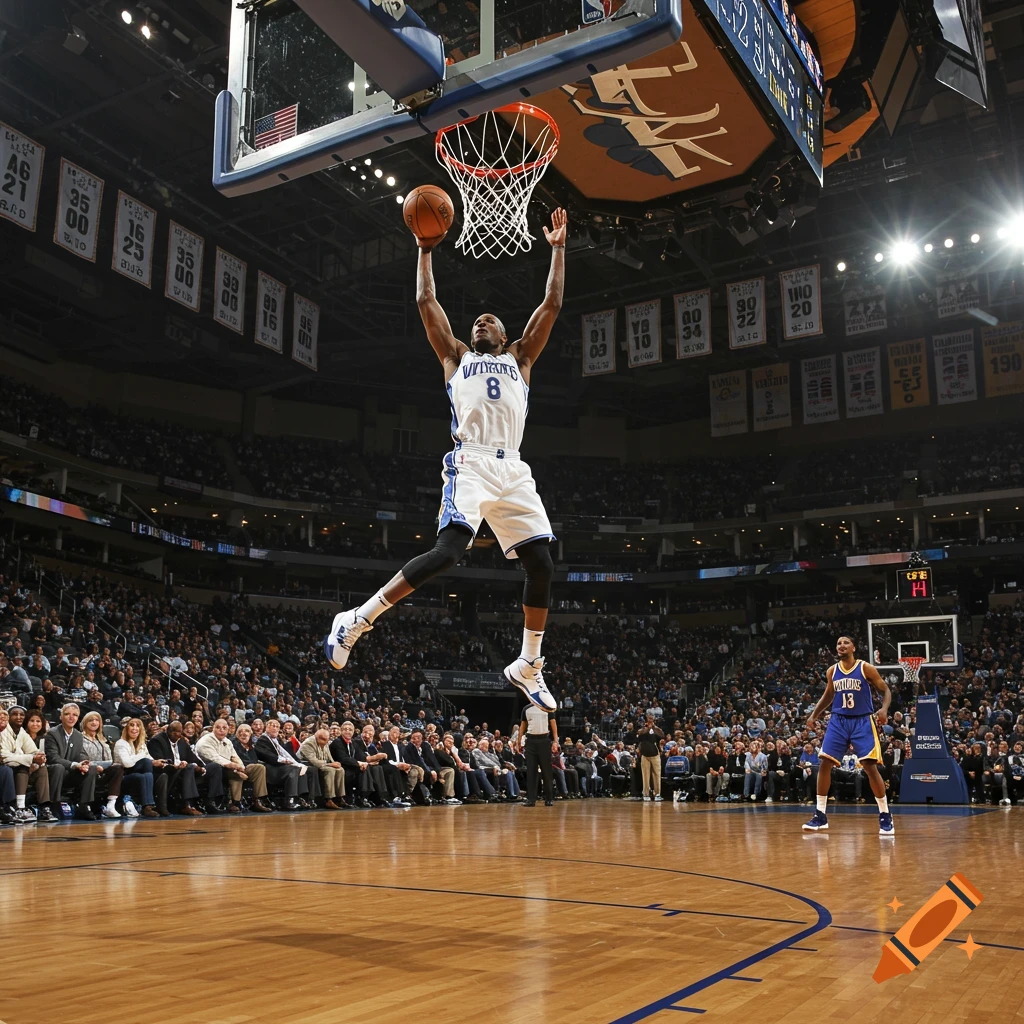 A basketball player in a white jersey dunks the ball in a crowded arena.