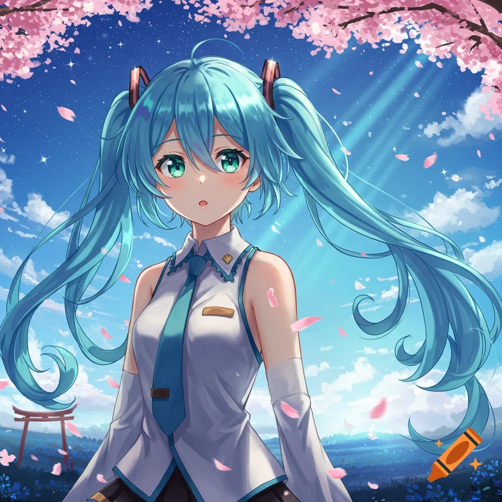 Anime girl with blue pigtails and green eyes under a cherry blossom tree, wearing a white uniform with a teal tie, against a blue sky with sun rays and a torii gate in the background.