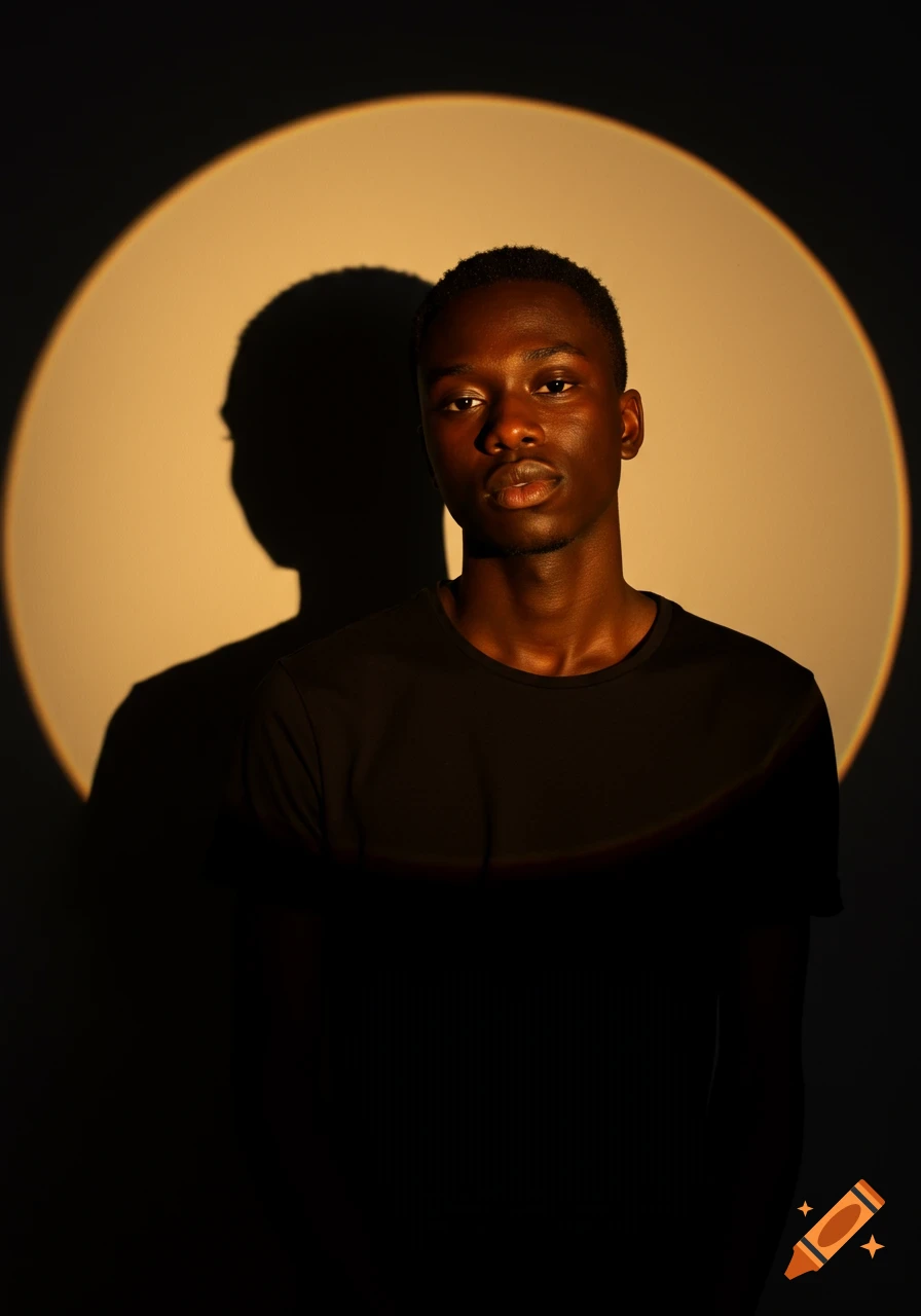 High-contrast studio portrait of a young Black man in a black t-shirt, against a dark background with a warm spotlight circle.