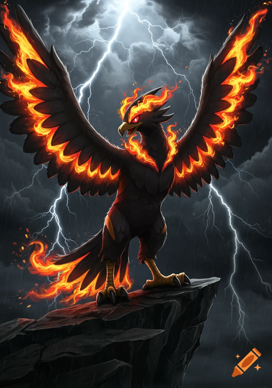 A dark, fiery bird-like creature with glowing red eyes and flaming wings stands on a rock under a stormy, lightning-filled sky.