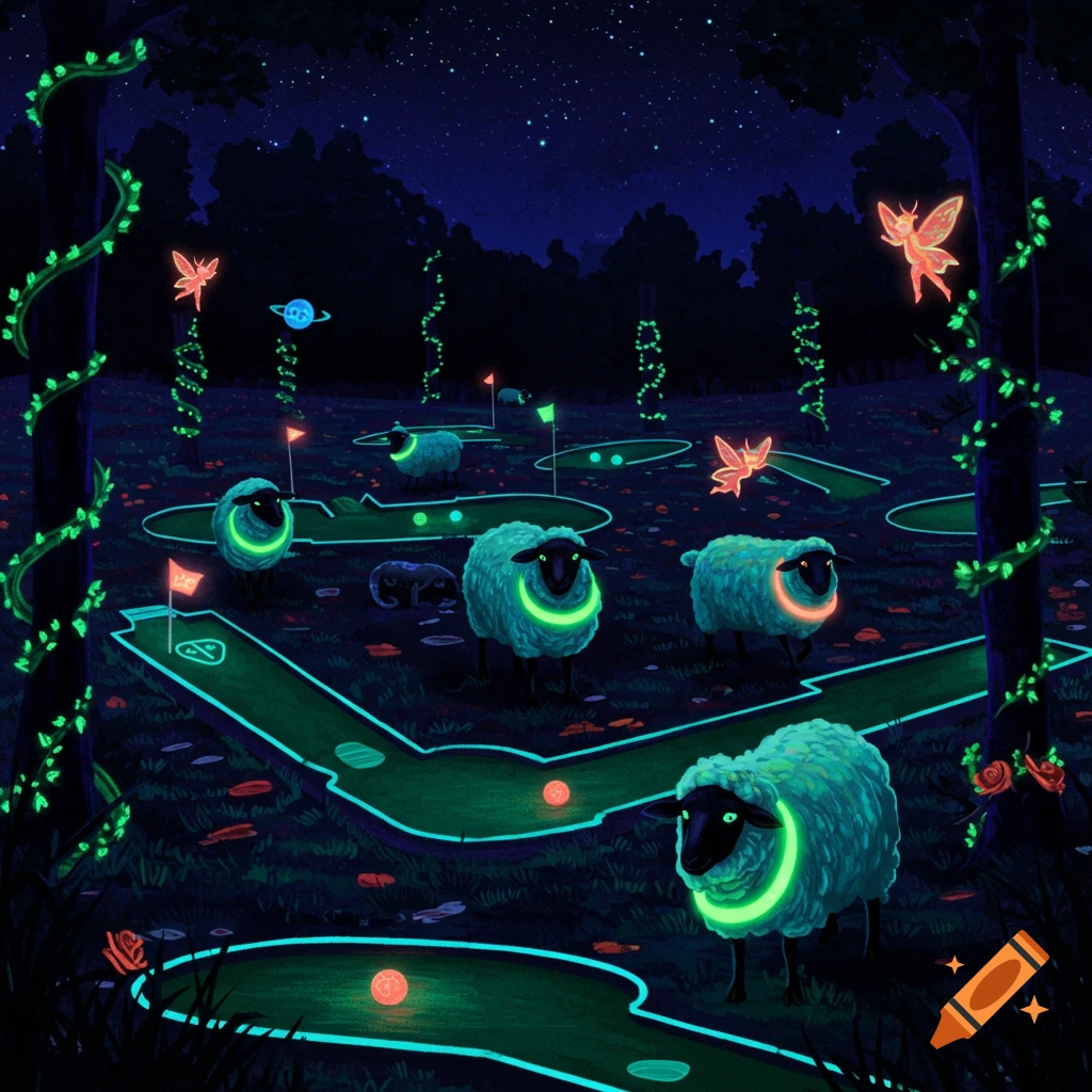 Glowing sheep play black light mini-golf in a dark, starry forest with luminous vines and fairies.