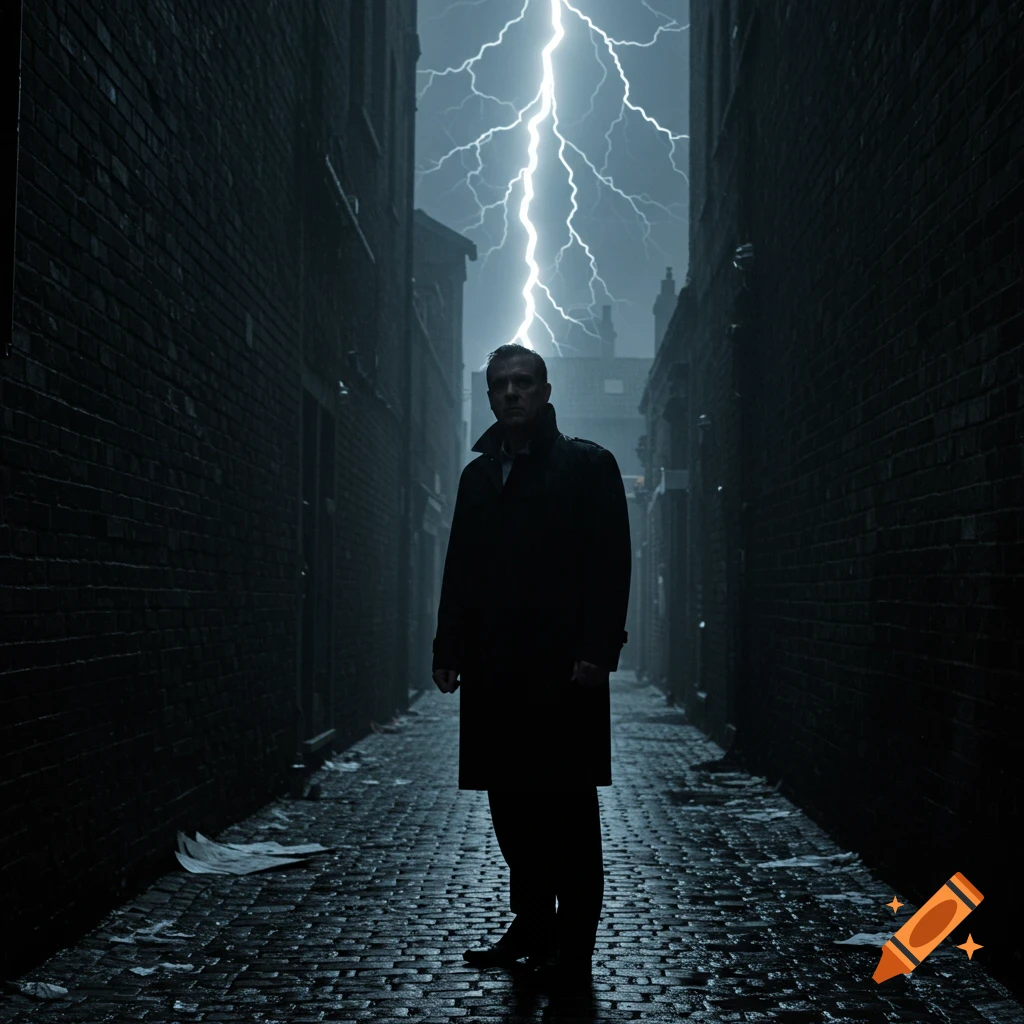 A man in a trench coat stands in a dark, wet alley as a lightning bolt strikes above him in a stormy sky.