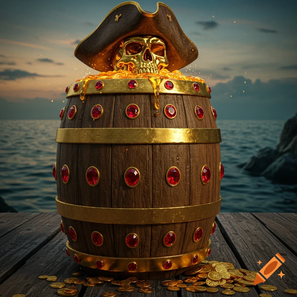 A treasure-filled pirate barrel adorned with rubies, topped by a golden skull wearing a pirate hat, on a wooden dock by the sea at sunset.