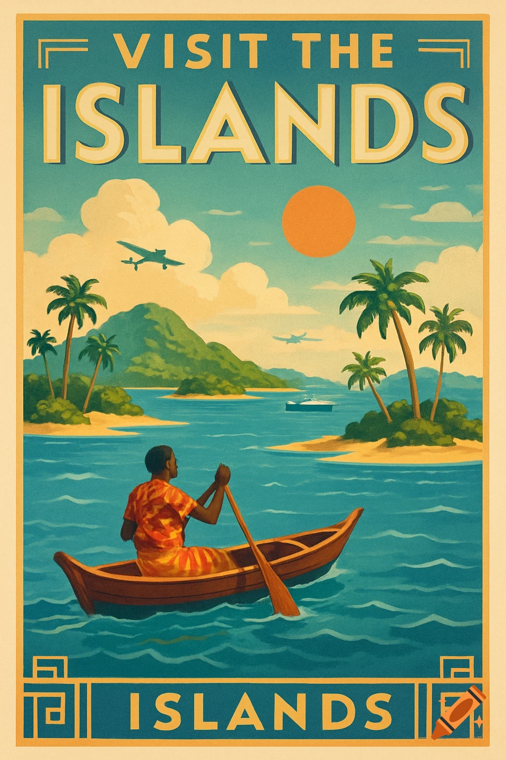 Vintage travel poster depicting a person canoeing in a tropical ocean with islands, palm trees, and planes under a sunny sky.