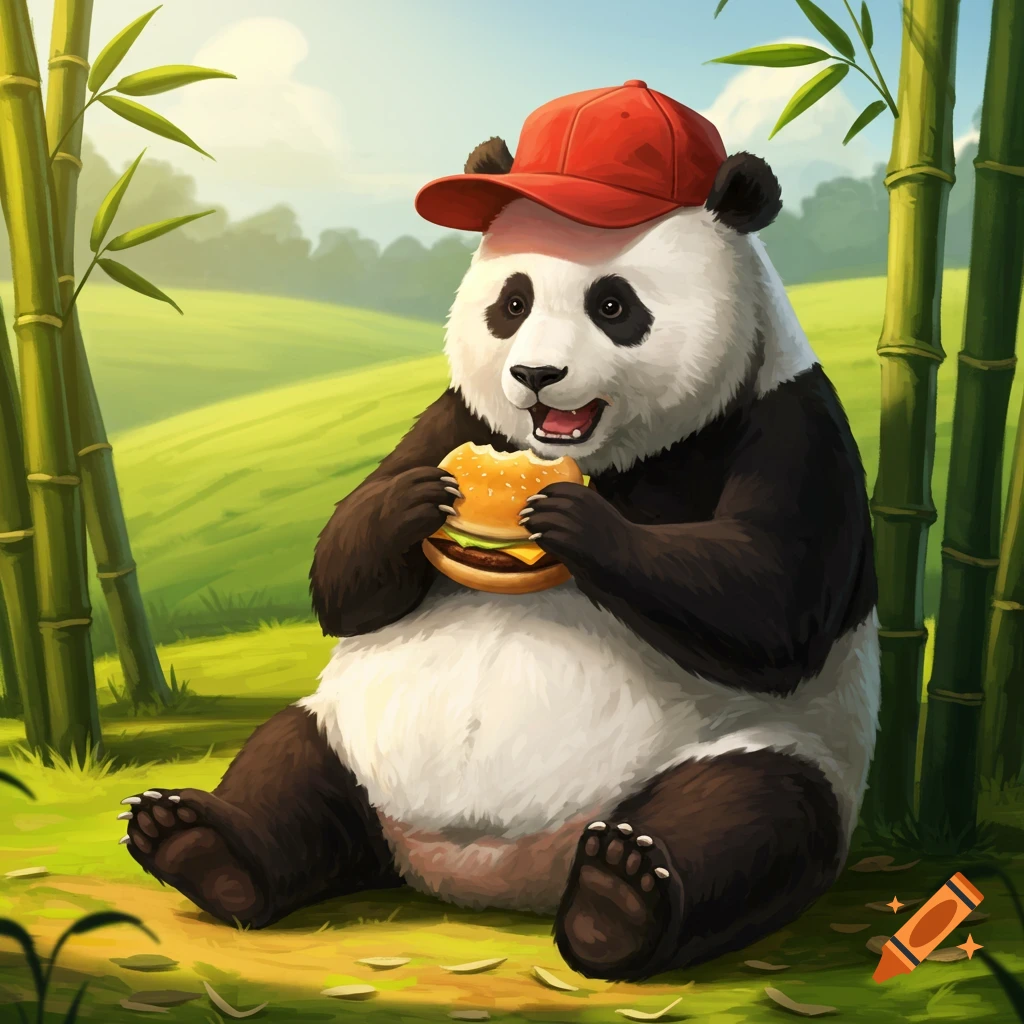 A cute cartoon panda wearing a red baseball cap backward, sitting in a bamboo forest, happily eating a hamburger.