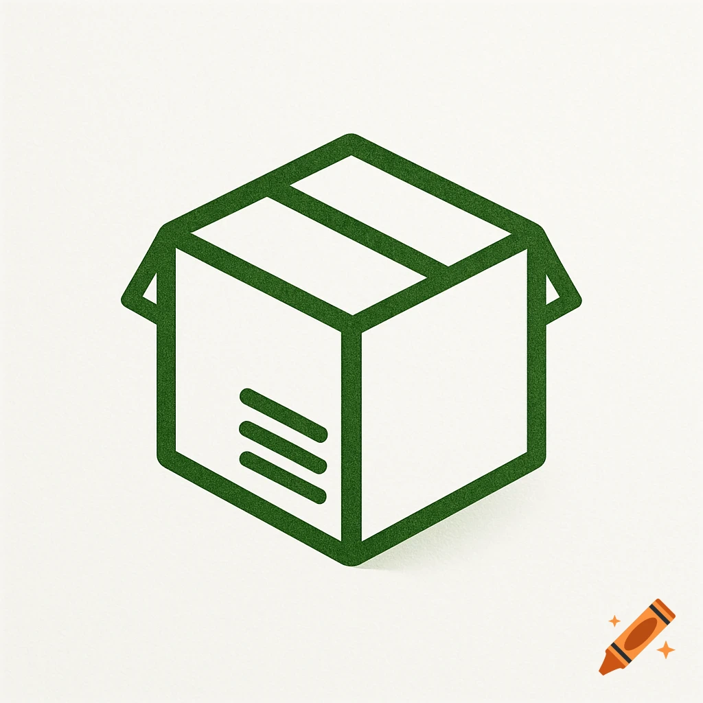 A minimalist green outline icon of a cardboard box with a textured effect on a white background.