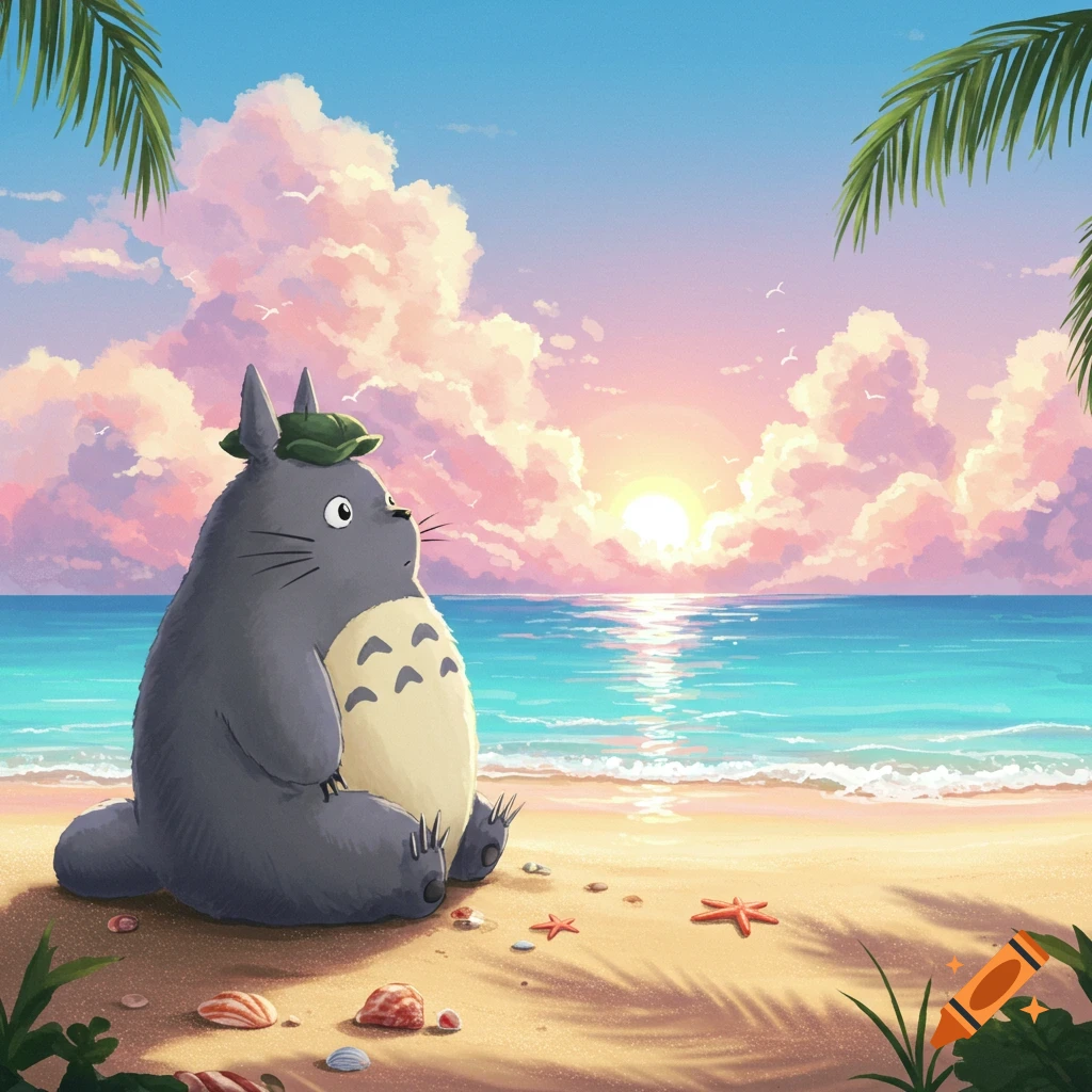 A cartoon Totoro sits on a sandy beach with seashells and starfish, watching a colorful sunset over the ocean.