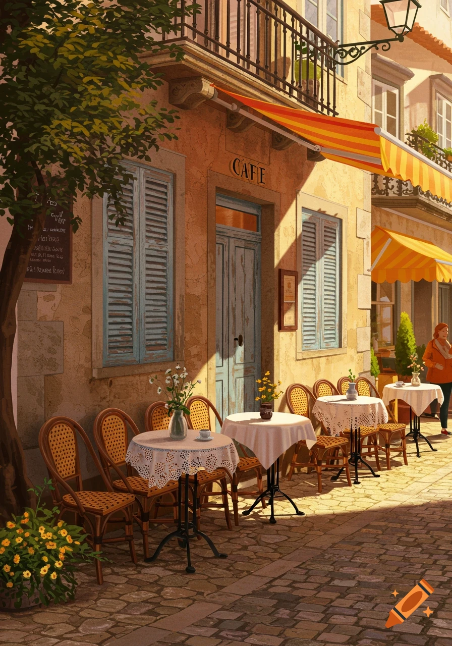 A sunny, painterly depiction of an outdoor cafe on a cobblestone street, with tables, wicker chairs, and striped awnings.