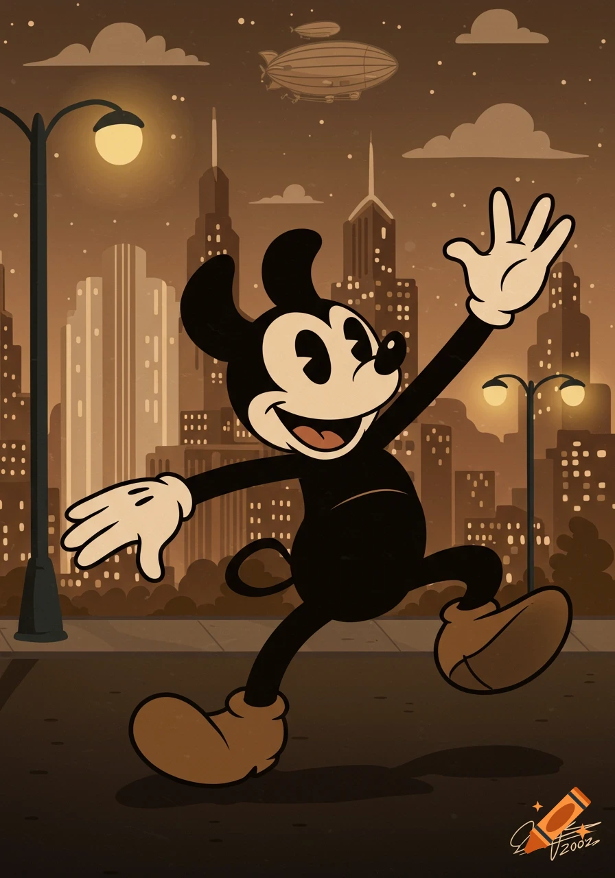A vintage cartoon character resembling Mickey Mouse waves in a sepia-toned city at night, with a zeppelin in the sky.