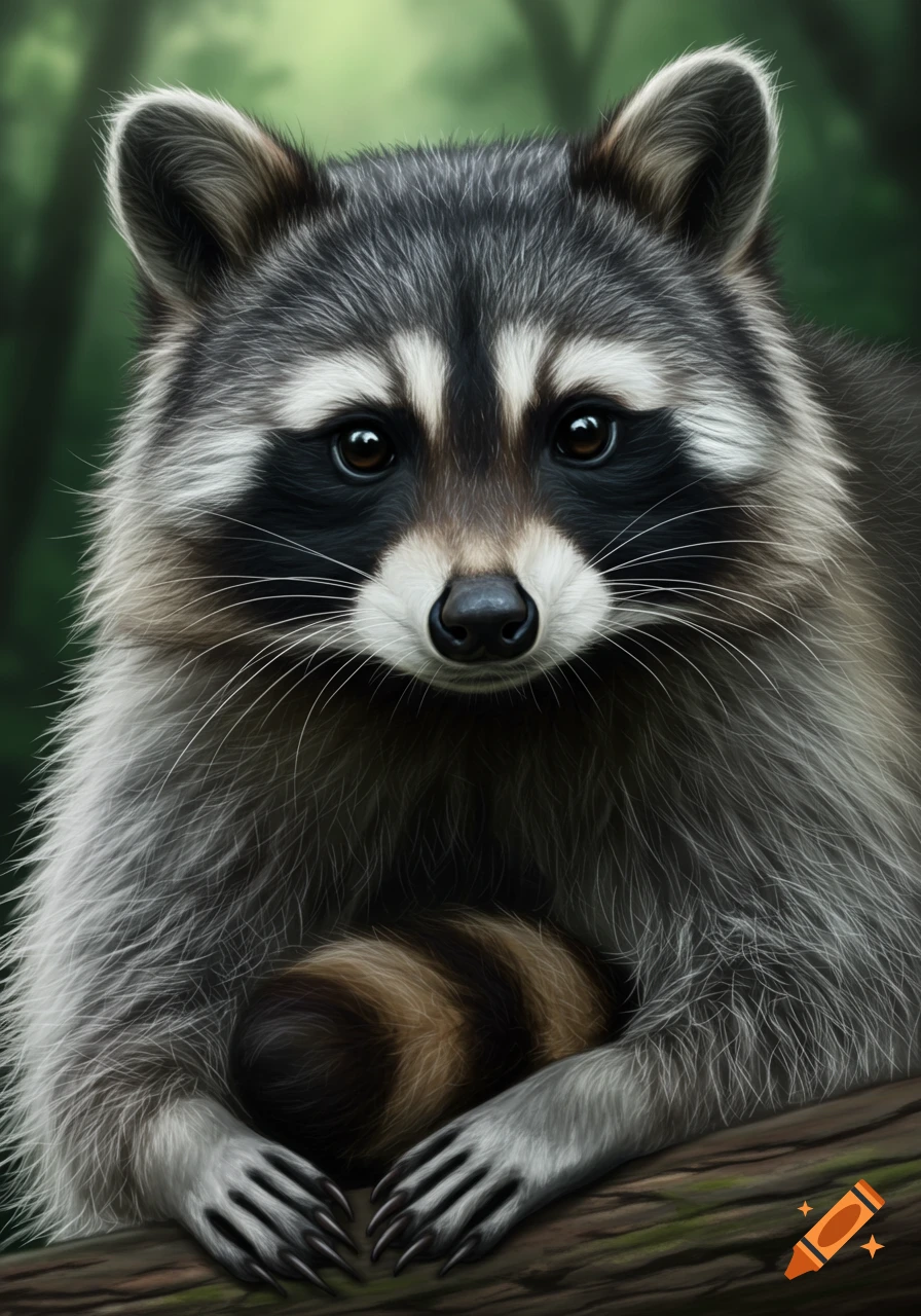 A realistic close-up portrait of a raccoon with a dark mask and ringed tail, sitting on a log in a forest.
