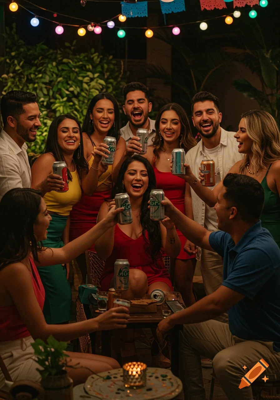 A group of diverse young adults laughing and toasting with cans at a lively outdoor night party with string lights.