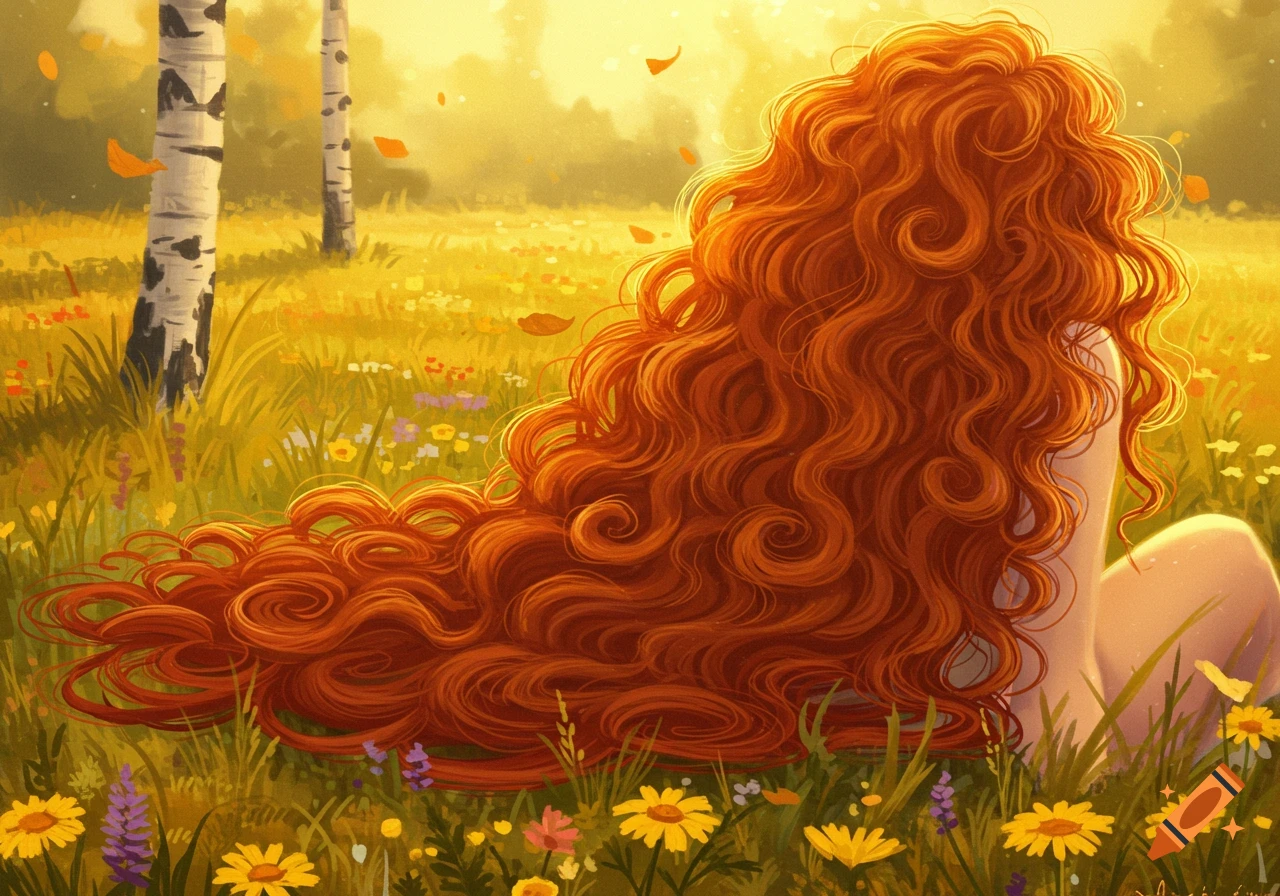 Illustration of a person with long, curly auburn hair, sitting in a sunny field of wildflowers.