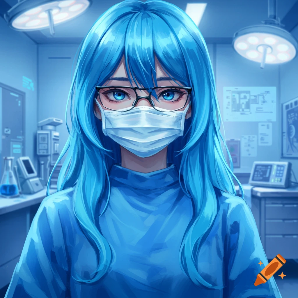 Anime girl with blue hair, glasses, surgical mask, and blue medical gown in a futuristic lab.