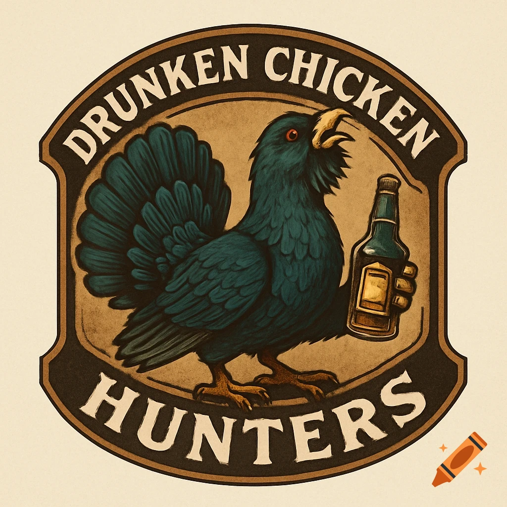 Stylized logo featuring a dark capercaillie bird holding a whiskey bottle, encircled by text "Drunken Chicken Hunters".