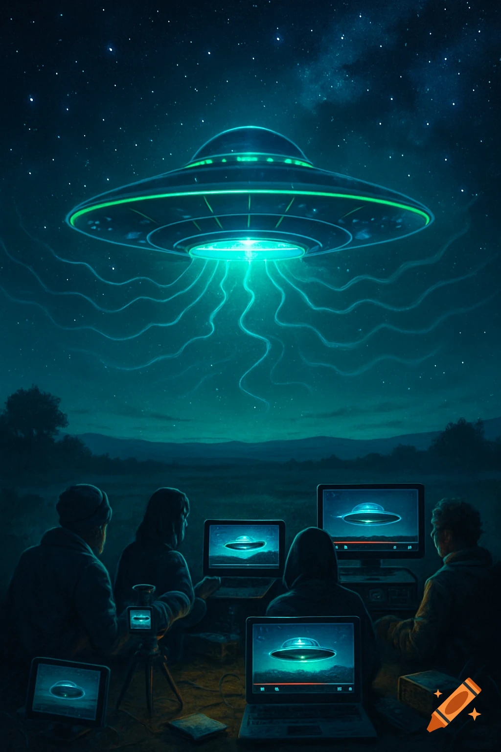 A green UFO hovers over a dark field as people observe it on multiple glowing screens at night.