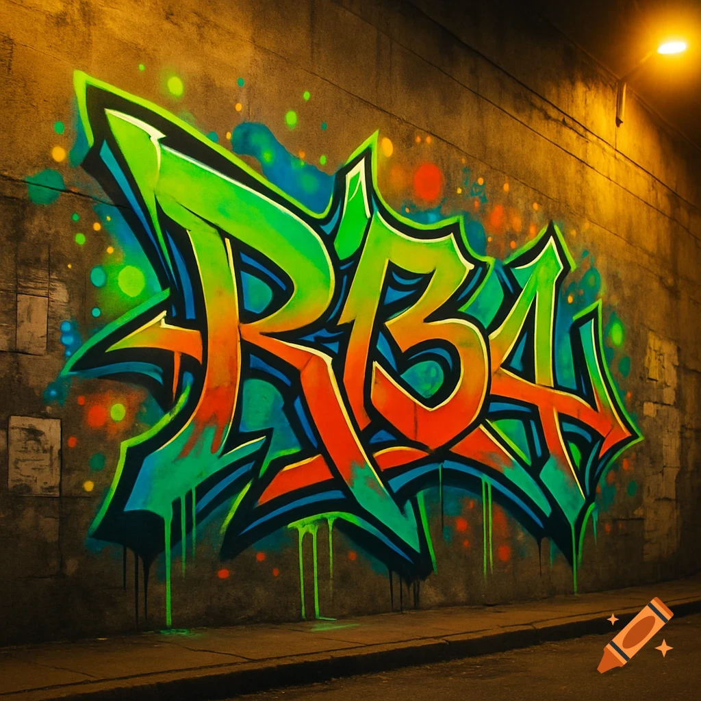 Colorful wildstyle graffiti spelling 'R134' on a concrete wall at night, lit by a streetlamp.