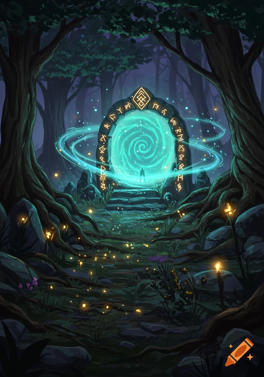 A dark mystical forest scene with a glowing turquoise spiral portal framed by an archway covered in golden runes.