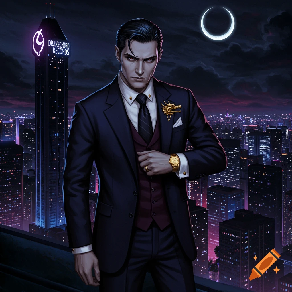 An illustrated man in a suit with red eyes stands on a rooftop above a neon-lit city at night, with a crescent moon and 'DRAKECHORD RECORDS' building.