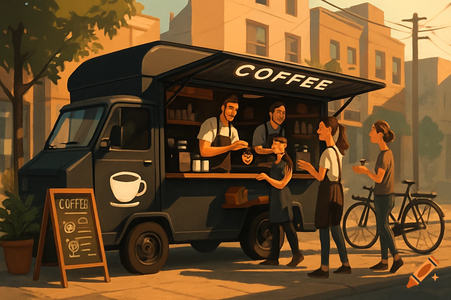 An illustration of a mobile coffee truck serving customers on a city street at sunset. Text on the truck says "COFFEE".