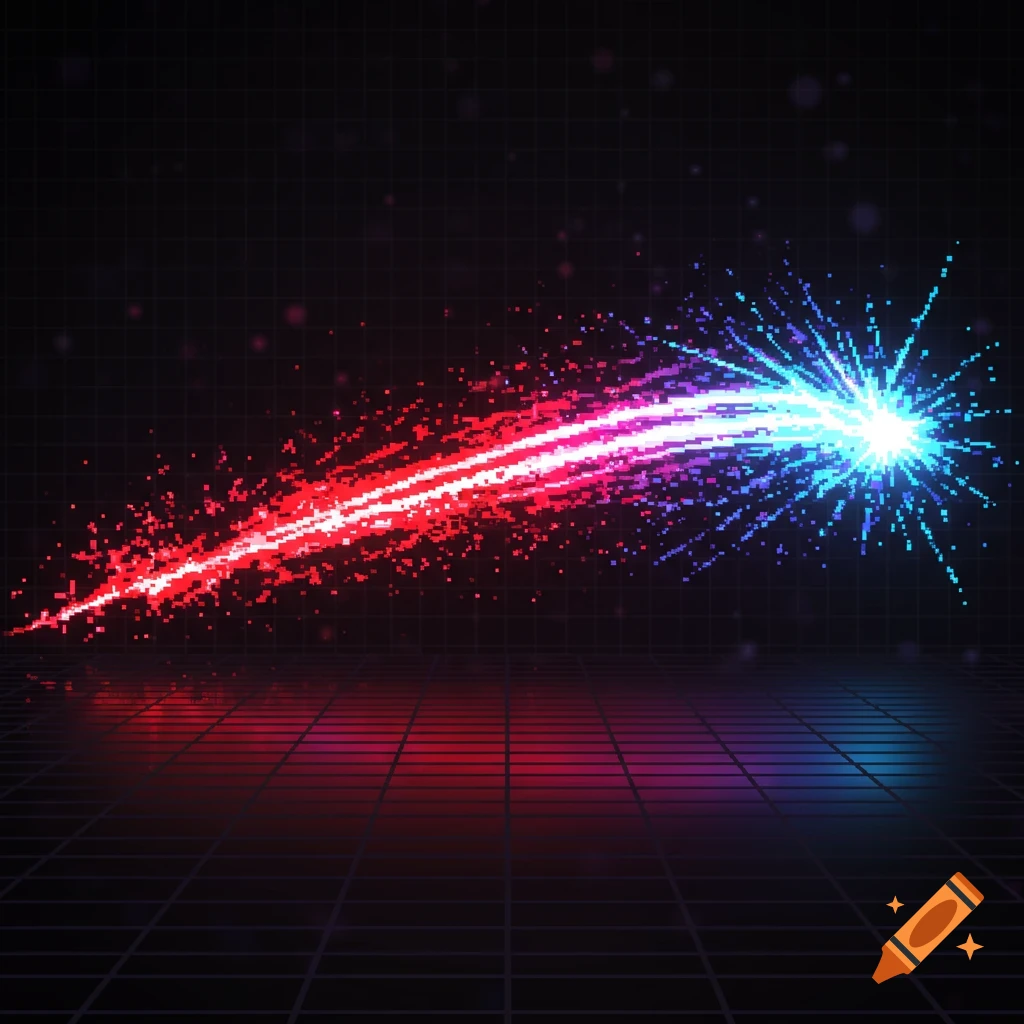A glowing pixel art slash effect, red fading to purple and blue, against a dark grid background with reflections.