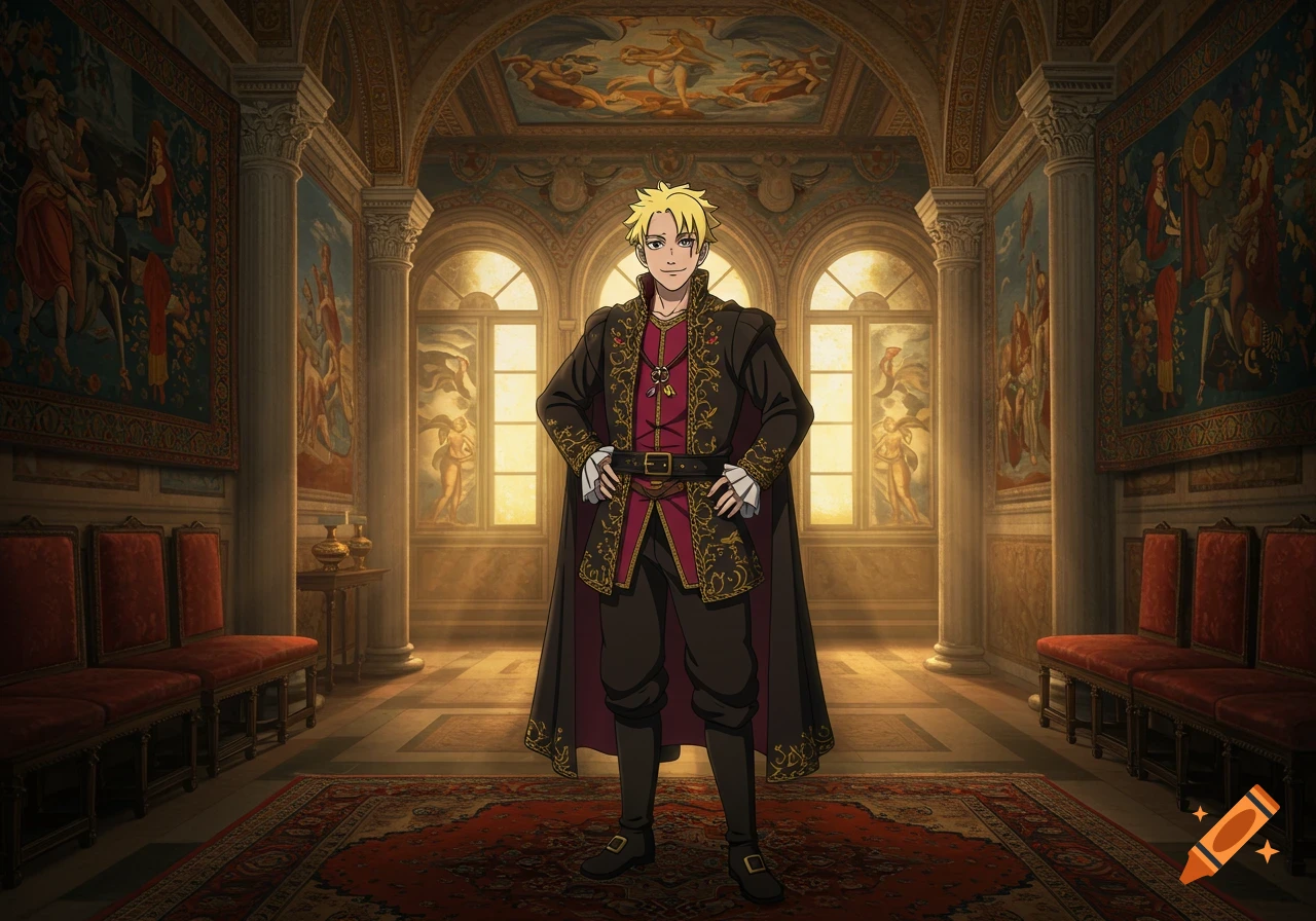 An anime man with blonde spiky hair, wearing a fancy black and red cloak, stands in a grand ornate hall with tapestries and pillars.