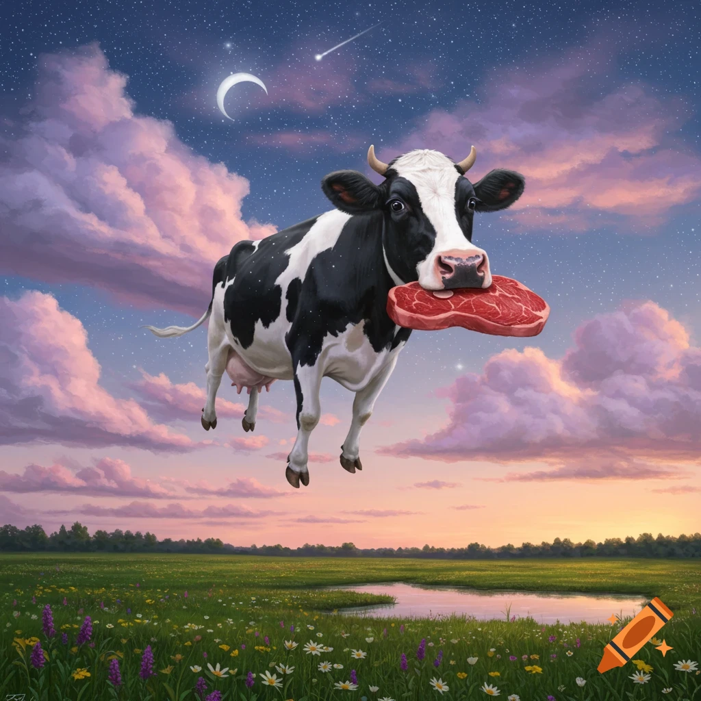A surreal image of a black and white cow flying over a meadow with a raw steak in its mouth, under a starry twilight sky.