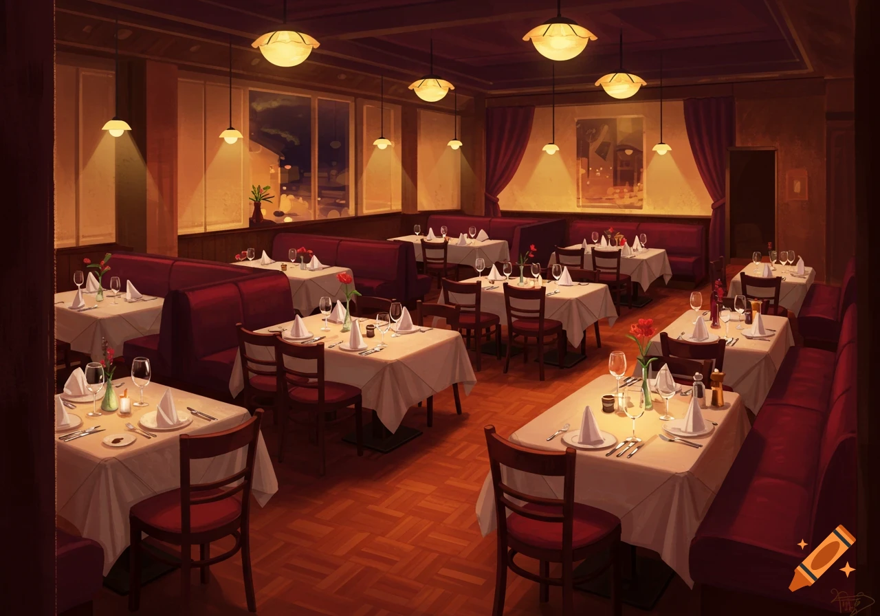 Warmly lit restaurant interior at night with empty tables, red booths, and wooden floors, creating a cozy atmosphere.