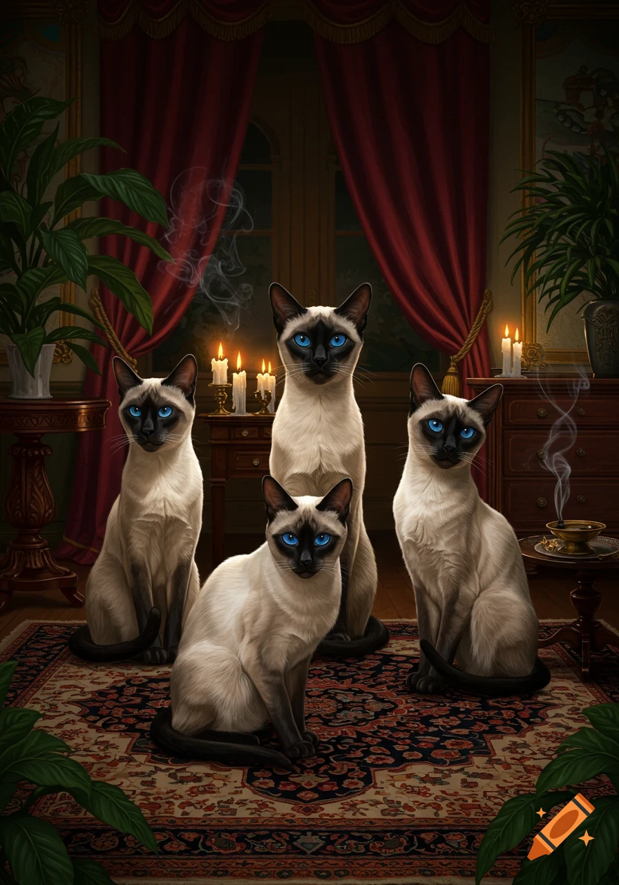 Four Siamese cats with bright blue eyes sit on an ornate rug in a lavish, dimly lit room with red curtains and candles.