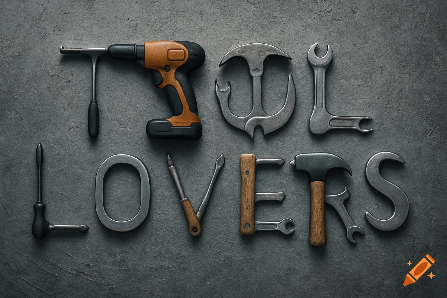 The words 'TOOL LOVERS' spelled out with metal and wood tools on a dark concrete background, including a drill, hammer, wrenches, and screwdrivers.