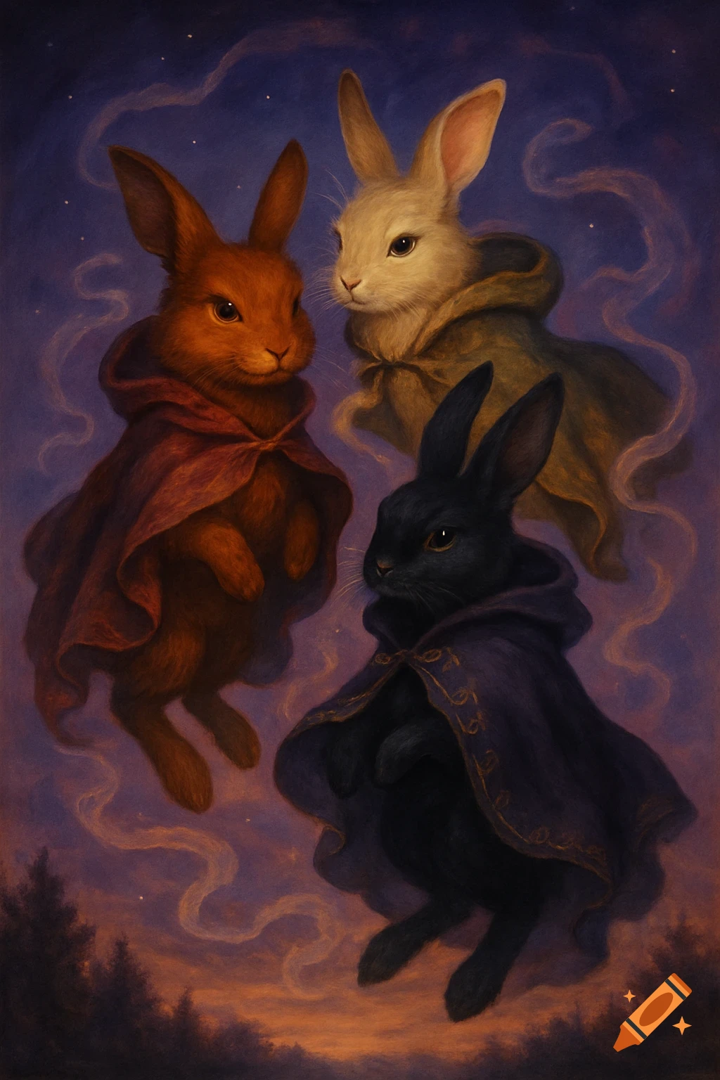 Three anthropomorphic bunnies in capes float in a magical twilight sky with faint clouds and distant trees, in a painted style.
