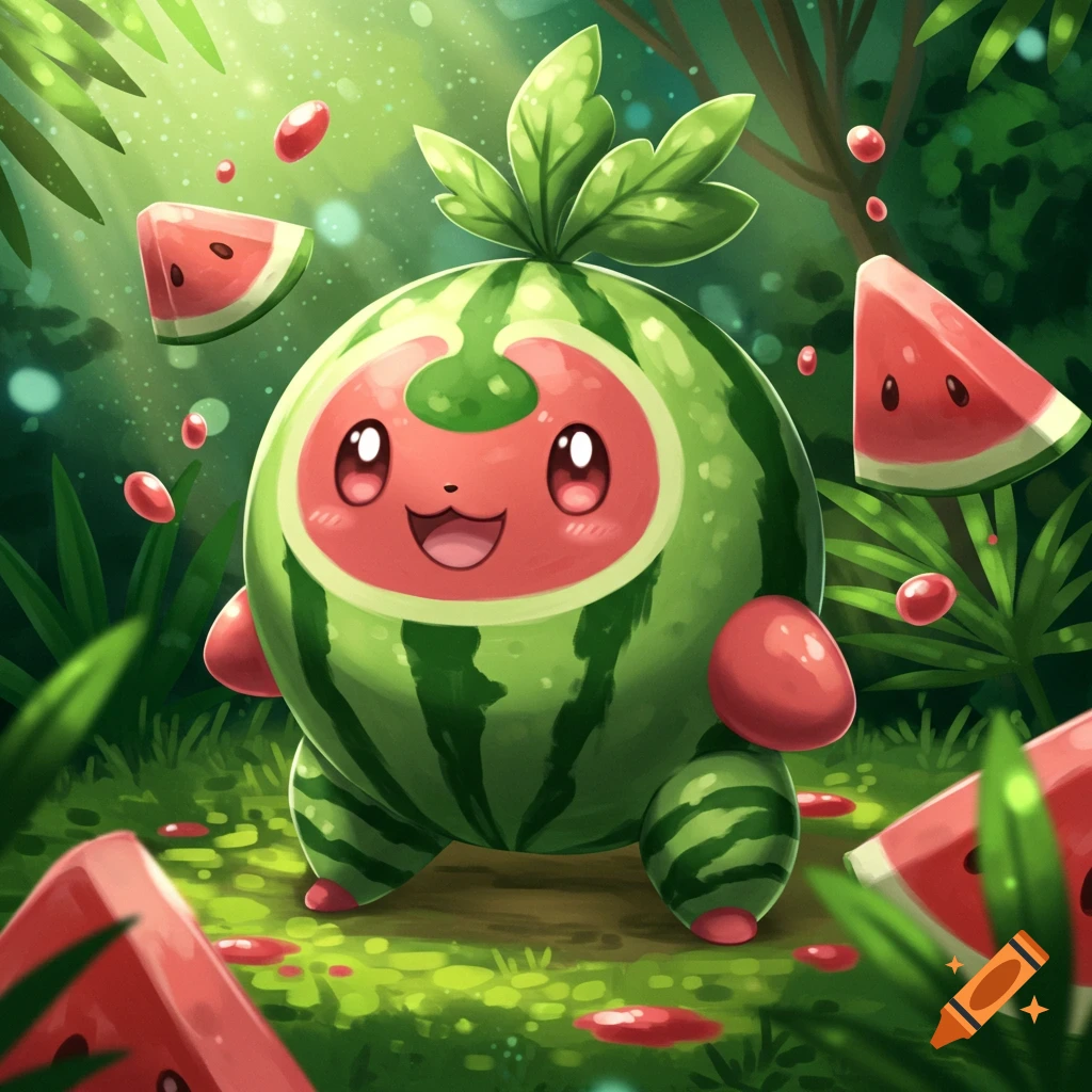A cute, smiling, round creature resembling a watermelon with leafy sprouts on its head, surrounded by watermelon slices in a lush, bright green forest.