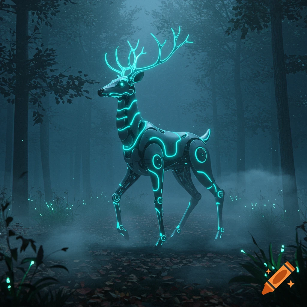A glowing cyan robotic deer with intricate patterns stands in a dark, misty forest at night.