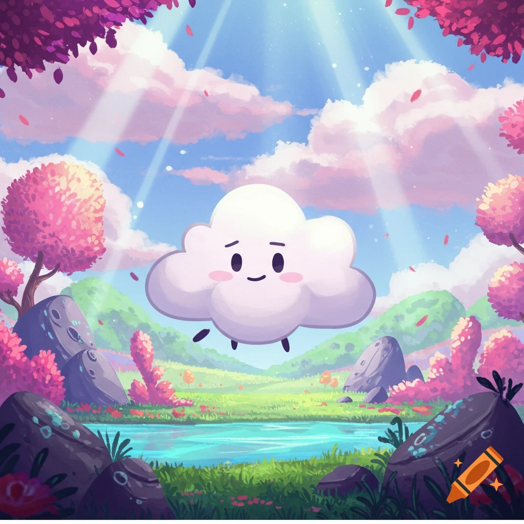 A cute cartoon cloud character with a happy face floats above a vibrant fantasy landscape with pink trees, green hills, a blue pond, and sunrays.