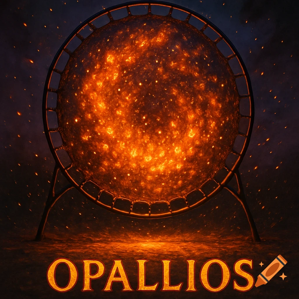 A fiery orange glowing orb within a dark metal ring, surrounded by embers, with 'OPALLIOS' below.