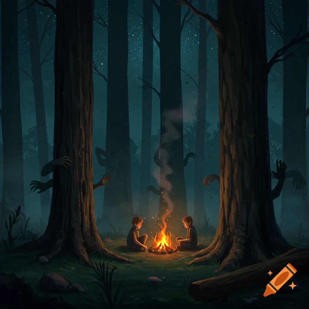 Two boys sit by a campfire in a dark forest at night, surrounded by shadowy hands creeping from behind trees. Stylized illustration.