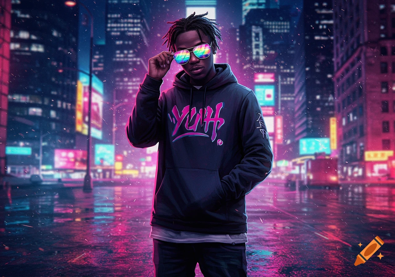 A man in a dark hoodie with "YUH" text, adjusting rainbow sunglasses on a neon-lit cyberpunk city street at night.