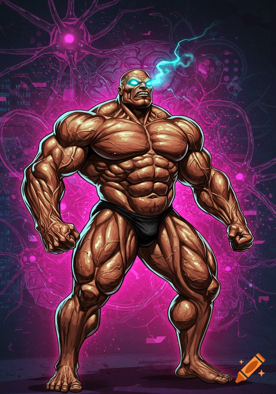 A muscular, bald bodybuilder with glowing blue eyes emits lightning, posing in a black speedo against a vibrant pink neural network background in a comic book style.