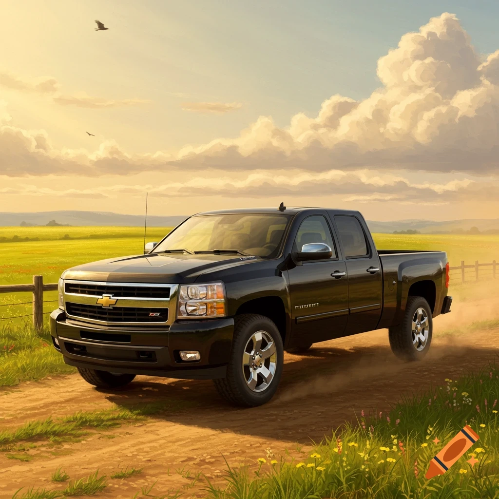 A black Chevrolet Silverado truck drives on a dirt road through a green field under a golden sky with clouds and birds, in an illustrative style.