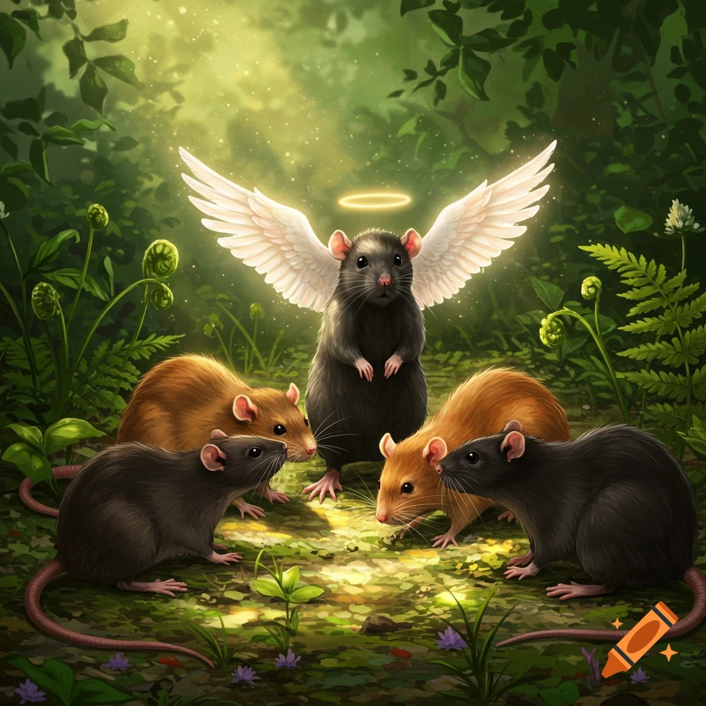 A black rat with glowing angel wings and a halo stands among four other brown and black rats in a magical, sunlit forest.