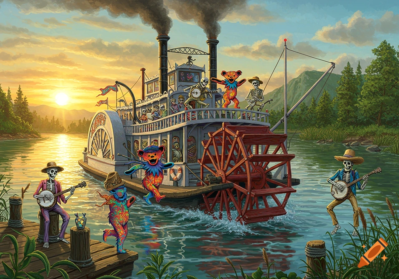 Grateful Dead dancing bears and skeletons on a paddlewheel steamboat on a river at sunset in a vibrant illustration.