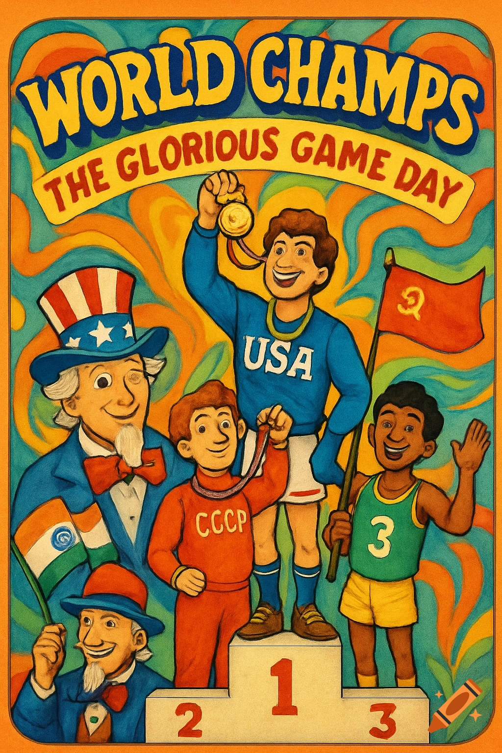 1970s cartoon children's book cover featuring an Olympic podium. A USA athlete holds a gold medal, a USSR athlete a silver, and a third athlete a bronze. Uncle Sam and other figures are present.