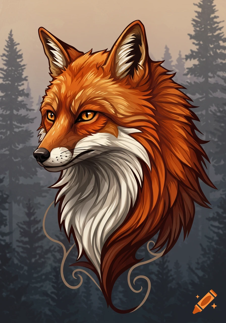 Stylized illustration of an orange and white fox head with a dark forest background.