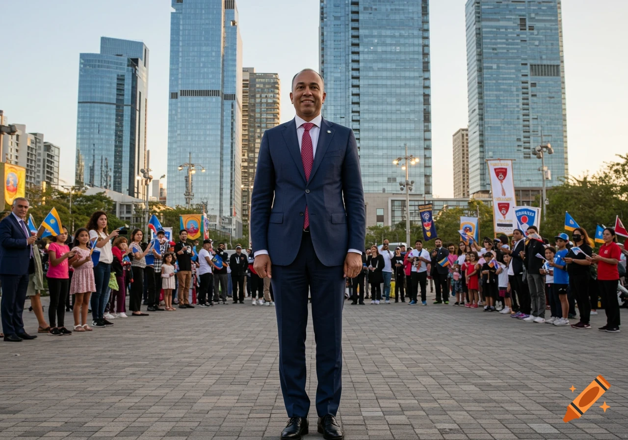 A man in a navy suit and red tie stands in a city square, flanked by a crowd of people holding flags, with modern skyscrapers in the background. Photorealistic style.