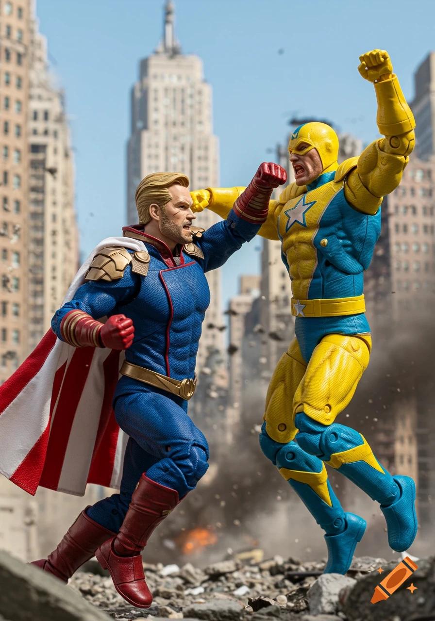 Photorealistic render of Homelander punching The Sentry action figure amidst destroyed city buildings.