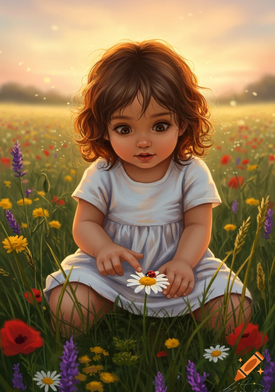 Cute big-eyed child in a white dress sits in a vibrant flower field, pointing at a ladybug on a daisy, illustration.
