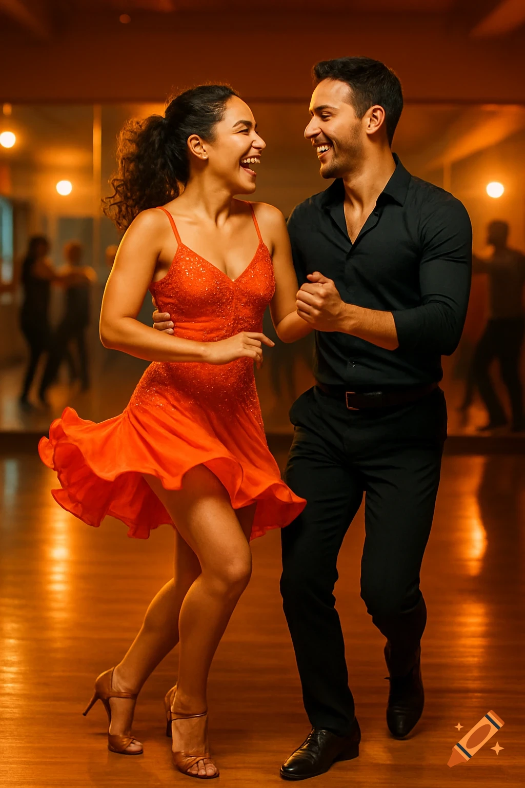 A smiling couple in a dance studio enthusiastically performs salsa, illuminated by warm lighting.